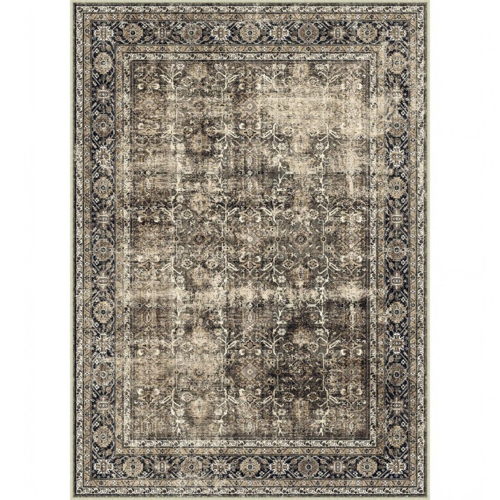 Flat, low-pile vintage-style rug in brown tones with a dark patterned border, from the brand's own website