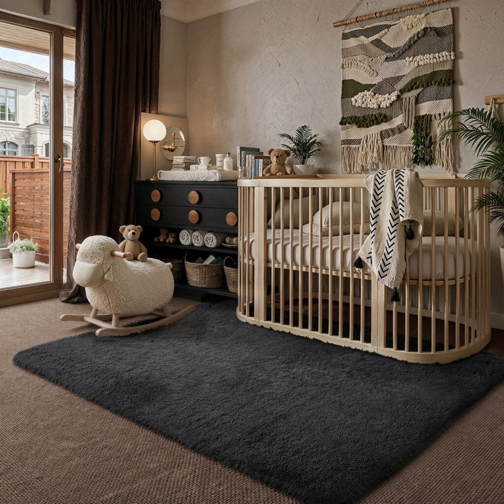 Dark charcoal shag rug in a nursery next to a wooden crib and a rocking sheep toy