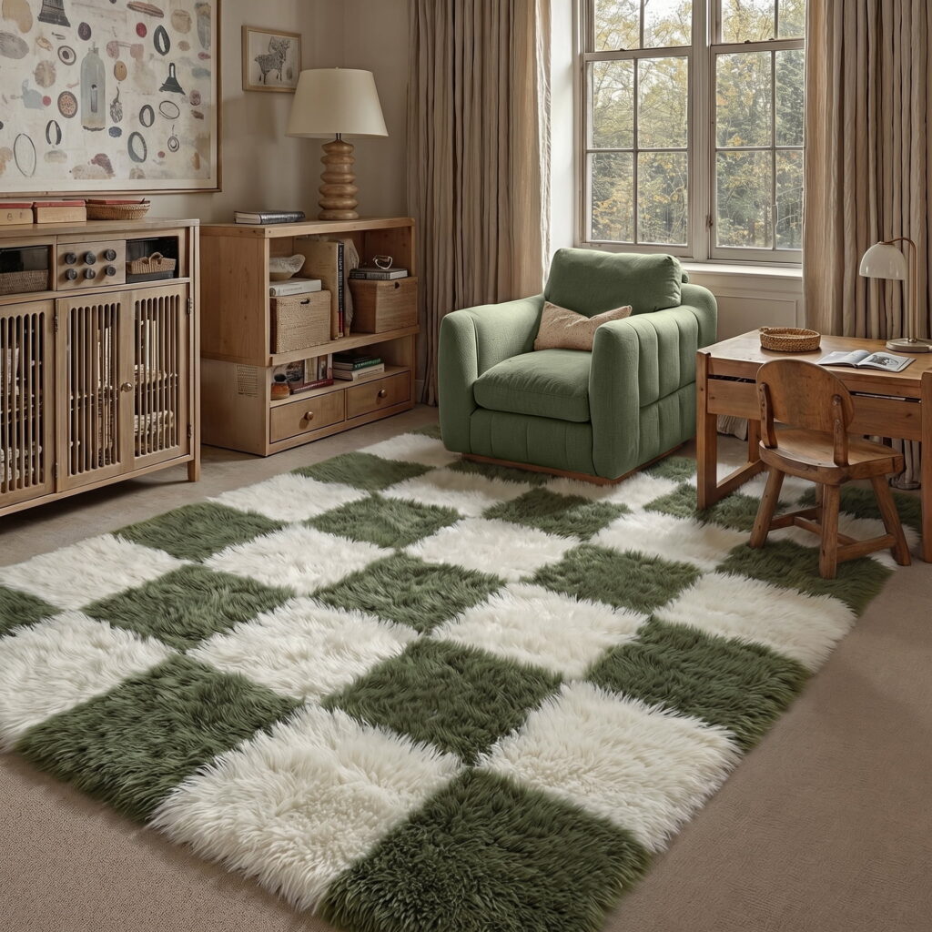 Green and cream checkered shag rug in a study with a green armchair
