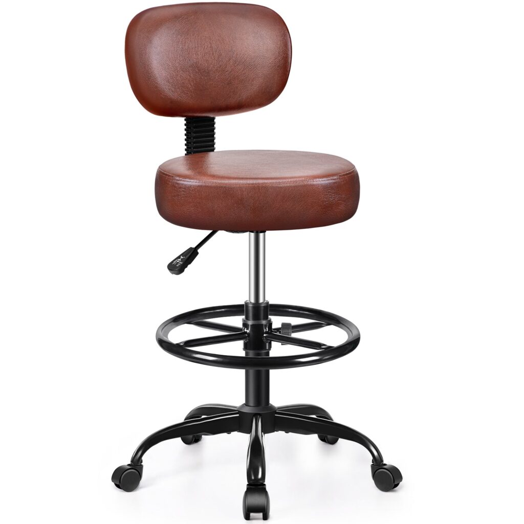 Tall stool-style drafting chair with a brown PU leather seat and backrest and a black footrest ring