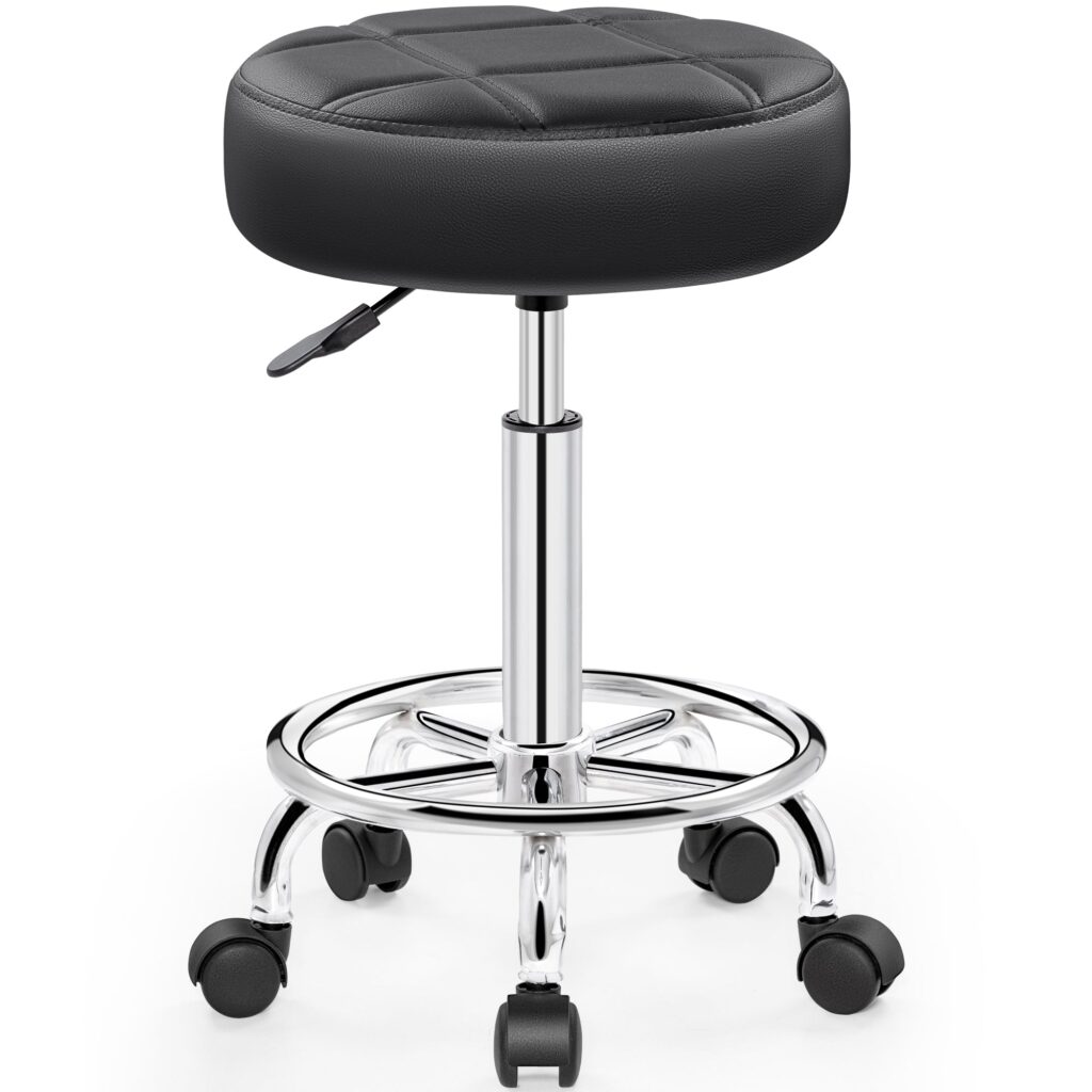 Round black PU leather rolling stool on casters with a chrome footrest ring