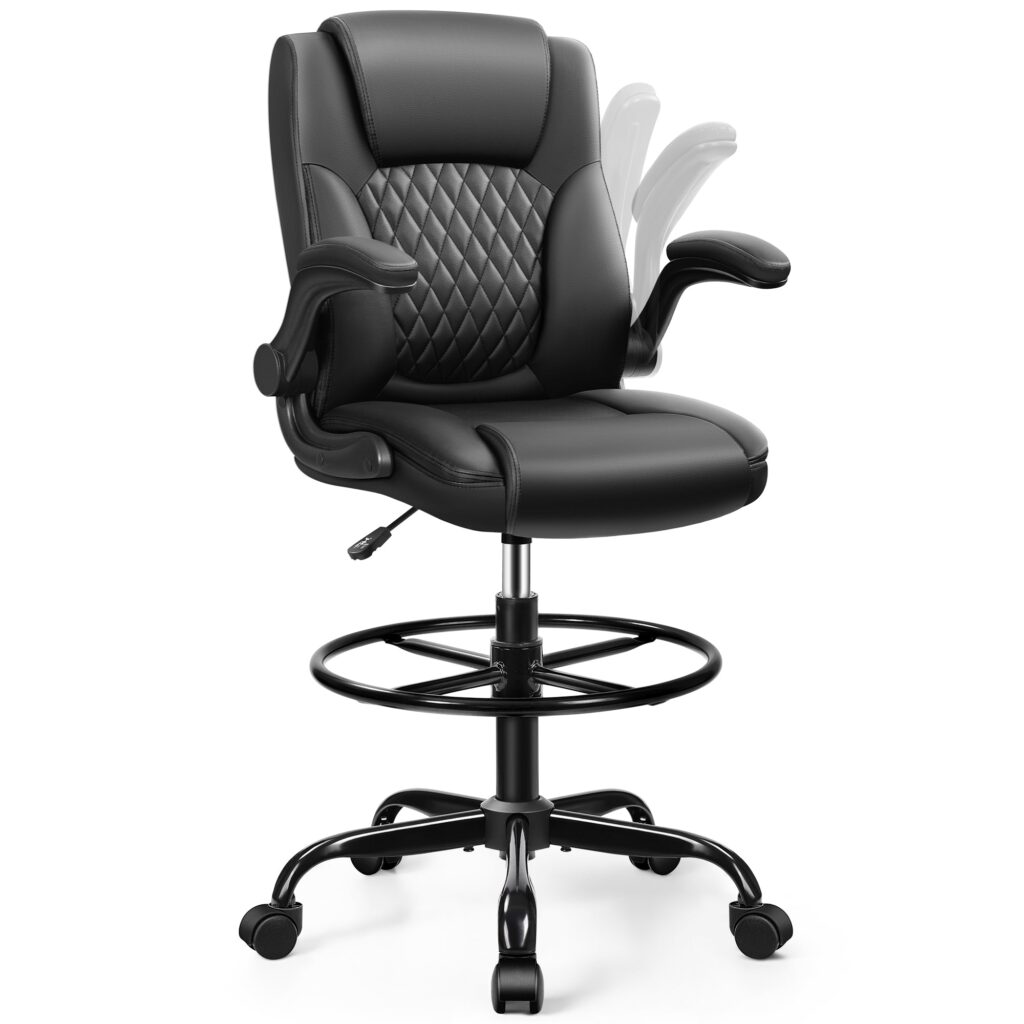 Black PU leather office chair with flip-up armrests on a tall base with an adjustable footrest ring, on a white background
