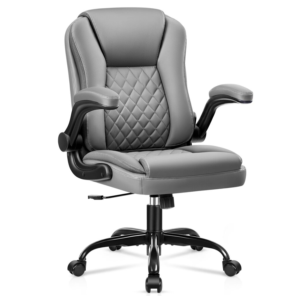 Grey PU leather office chair with a quilted back panel and flip-up armrests on a black five-star base
