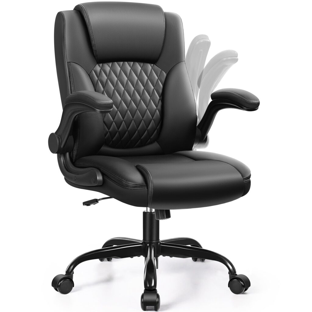 Black PU leather office chair with its armrests shown folded up and down to show the flip-up motion