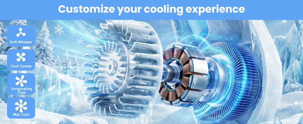Rendered cutaway of a neck fan motor and turbine in an icy scene, beside four speed-mode icons