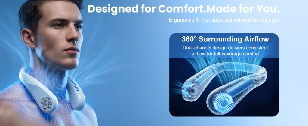Chasesun neck fan worn around a man's neck, with airflow lines and a see-through view of its dual-channel body