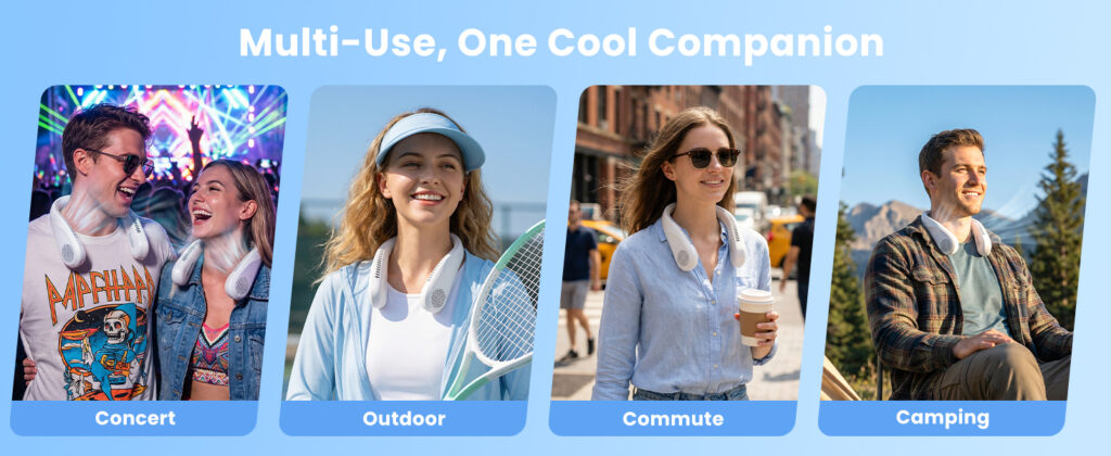 Four lifestyle shots of people wearing the Chasesun neck fan at a concert, outdoors, on a city commute and while camping