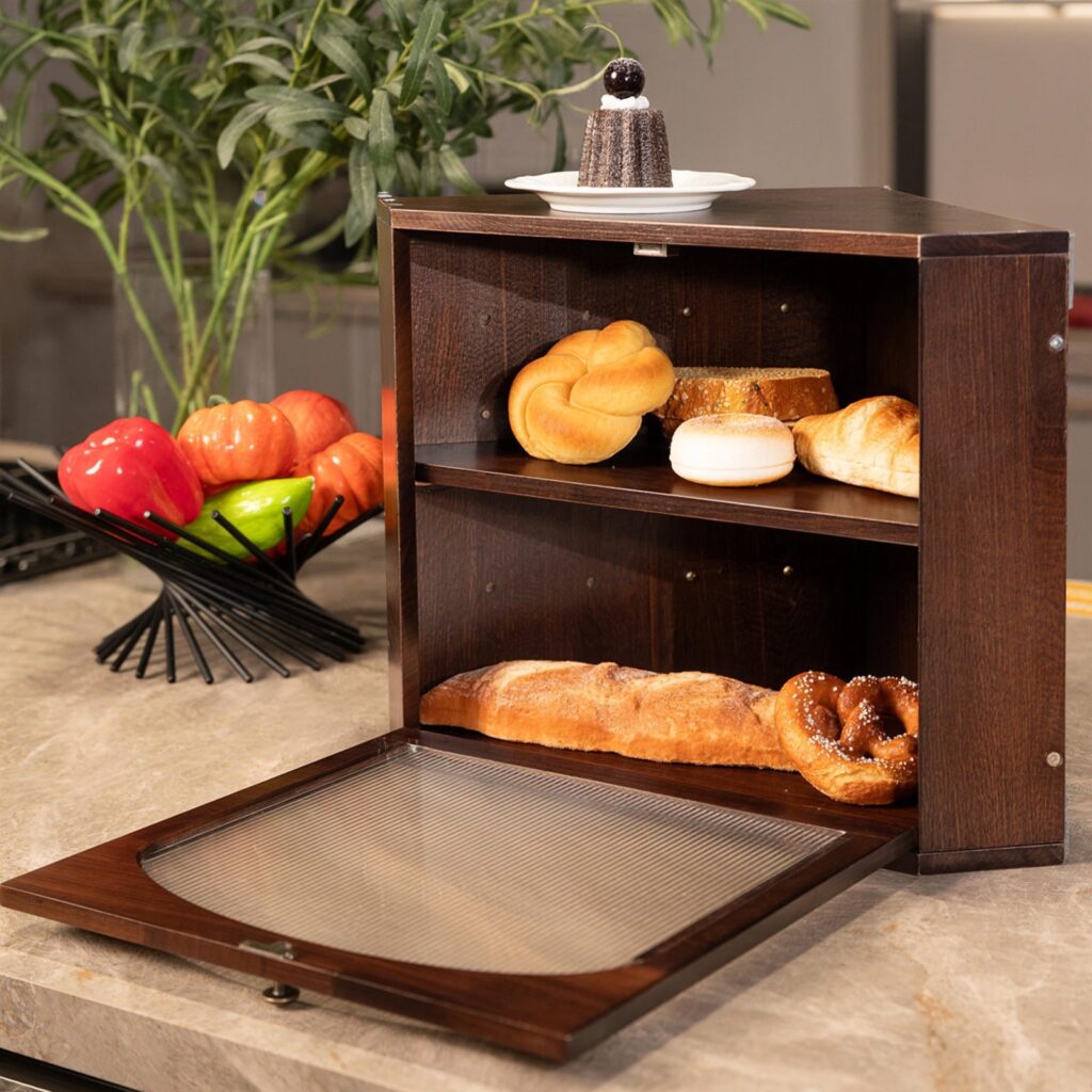 CheerNest solid pine corner bread box with its door open, showing bread on two levels, with a bowl of fruit on the counter beside it