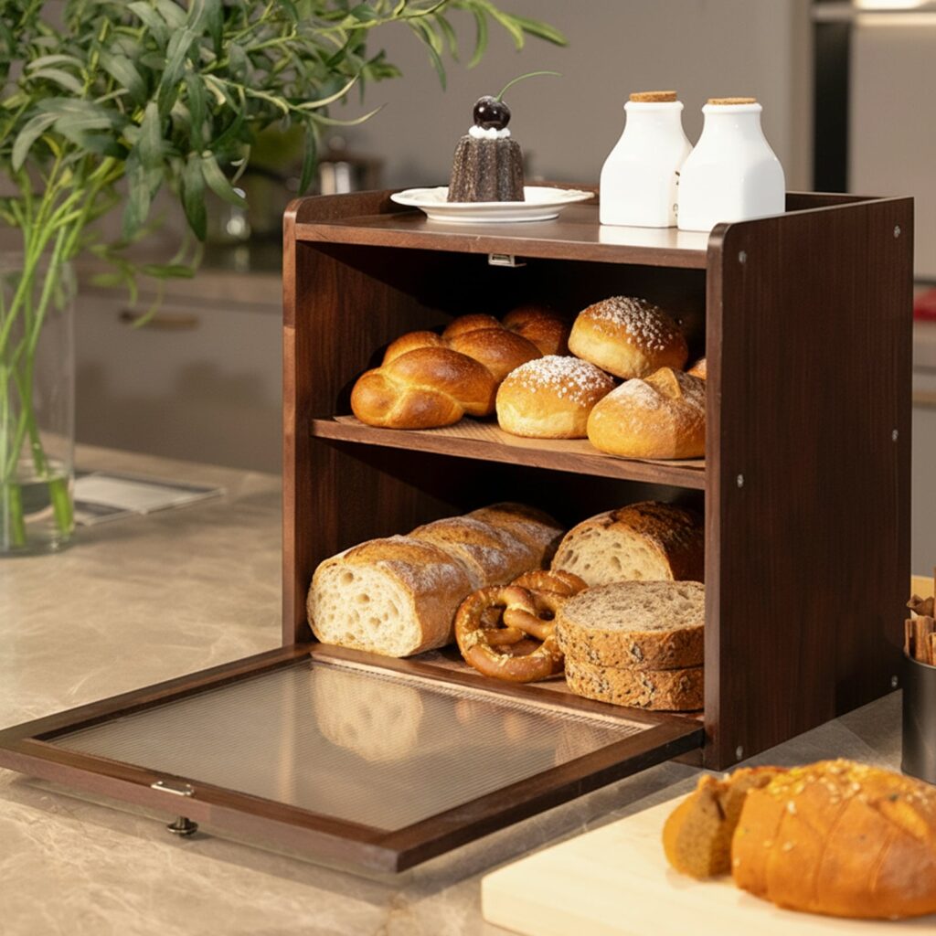 CheerNest solid wood bread box with its fluted door lowered, showing loaves and rolls on two levels with a cake stand on top