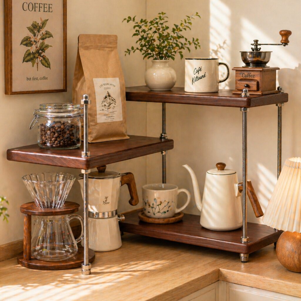 Three-tier dark wood coffee station organizer on steel rods in a kitchen corner, holding coffee beans, a hand grinder, a kettle and brewing gear