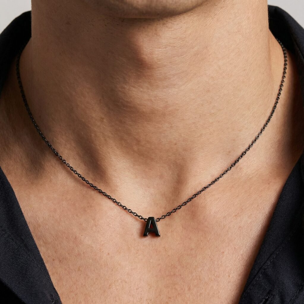 Close view of a letter A pendant on a thin chain worn at the base of the neck