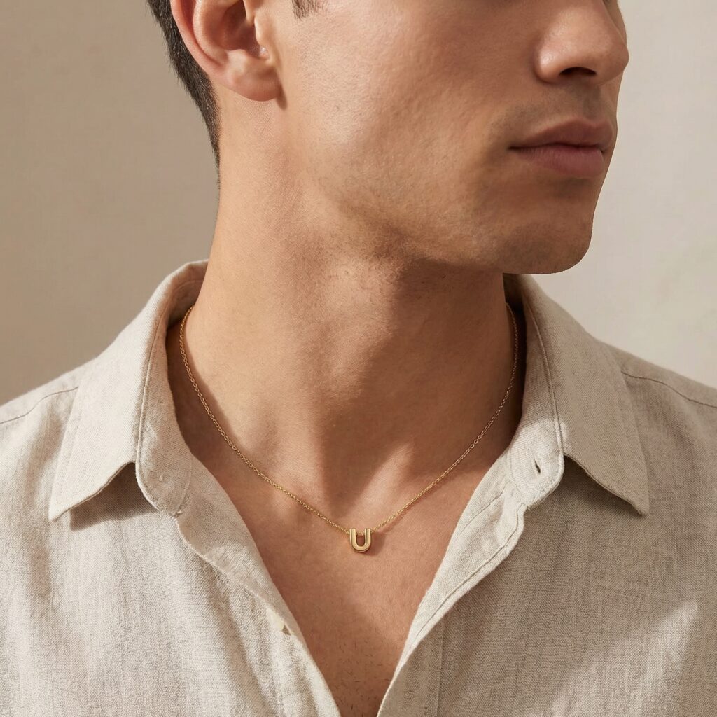 Man in an open linen shirt wearing a letter U pendant on a fine chain