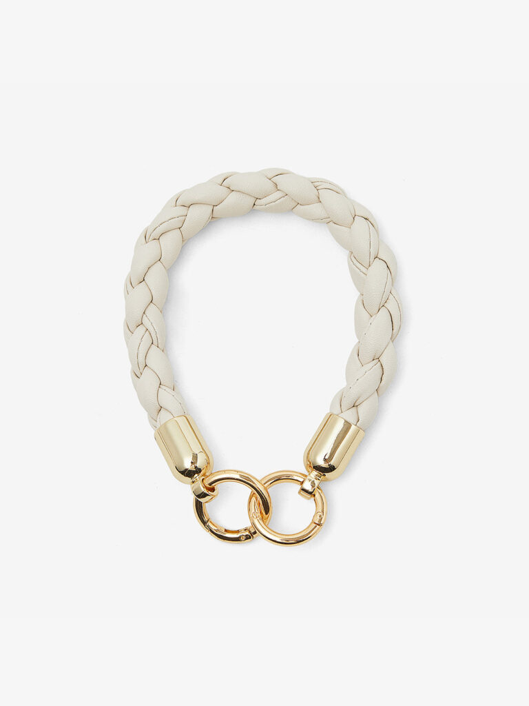 Cream braided vegan leather wrist strap with two interlocked gold metal rings