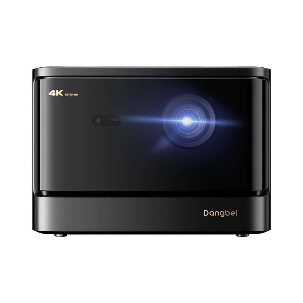 Front view of the Dangbei DBOX02 4K laser projector with its lens and speaker grille