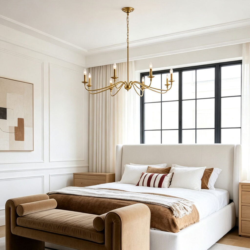 Brass candle-style chandelier hanging above a bed in a bright bedroom with a large window