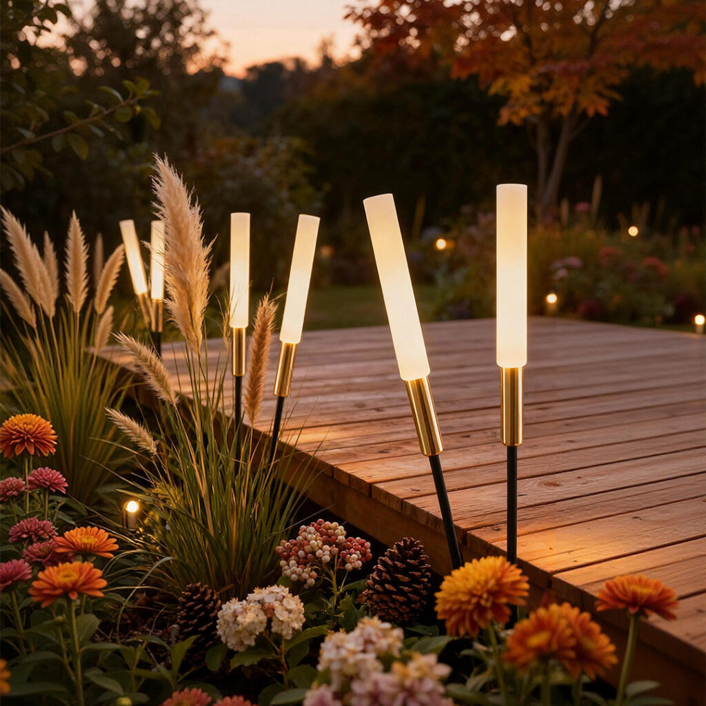 Dazuma landscape spike lights glowing among ornamental grasses and flowers beside a wooden deck