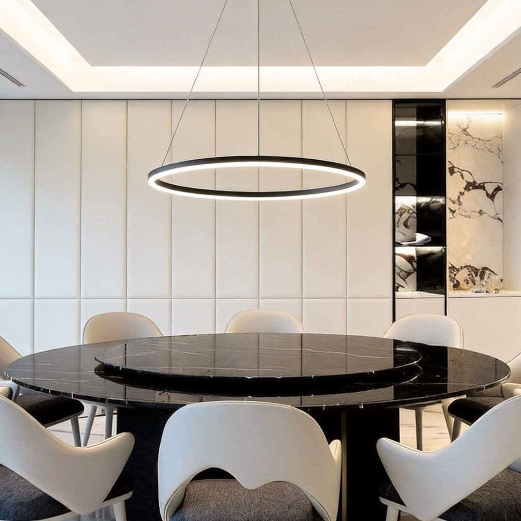 Slim black LED ring pendant glowing above a round black marble dining table surrounded by cream chairs