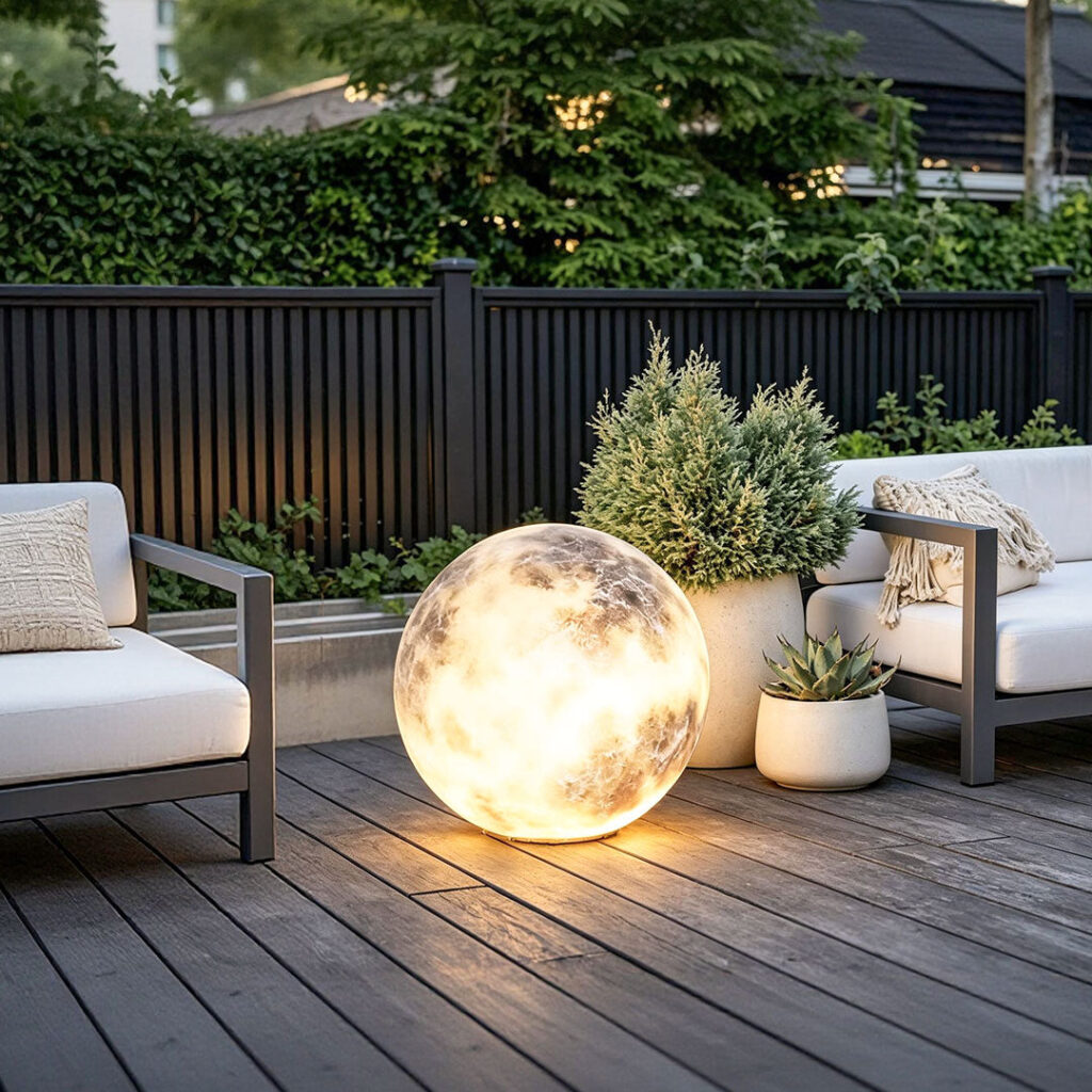 Glowing moon-shaped Dazuma lawn light on a wooden deck beside a planter and outdoor sofas
