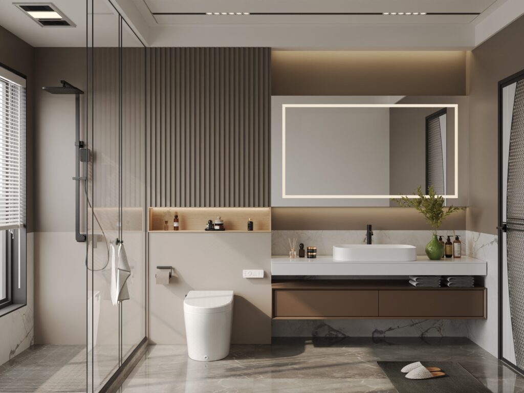 Wide view of a modern bathroom with a white smart toilet beside a floating vanity and a glass shower