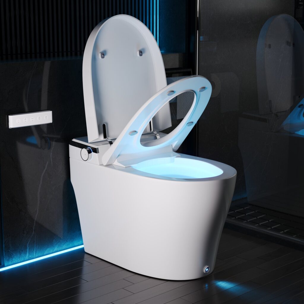 Smart toilet with the lid and seat raised, a wall control panel nearby and a blue night light glowing in a dark bathroom