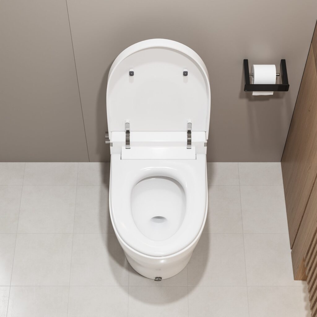 Top-down view of an elongated smart toilet with the lid raised, showing the bowl and the hinge hardware
