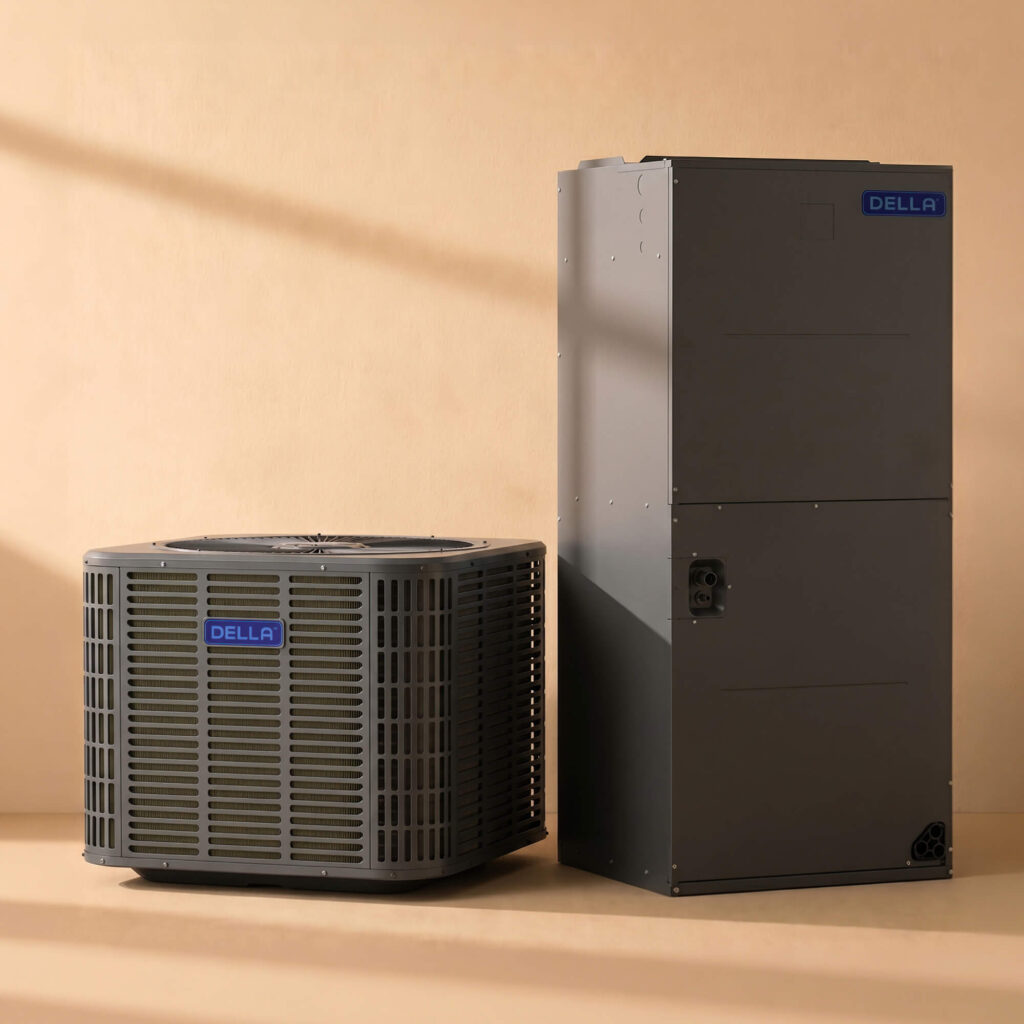 Della central air conditioner condenser standing beside a matching air handler