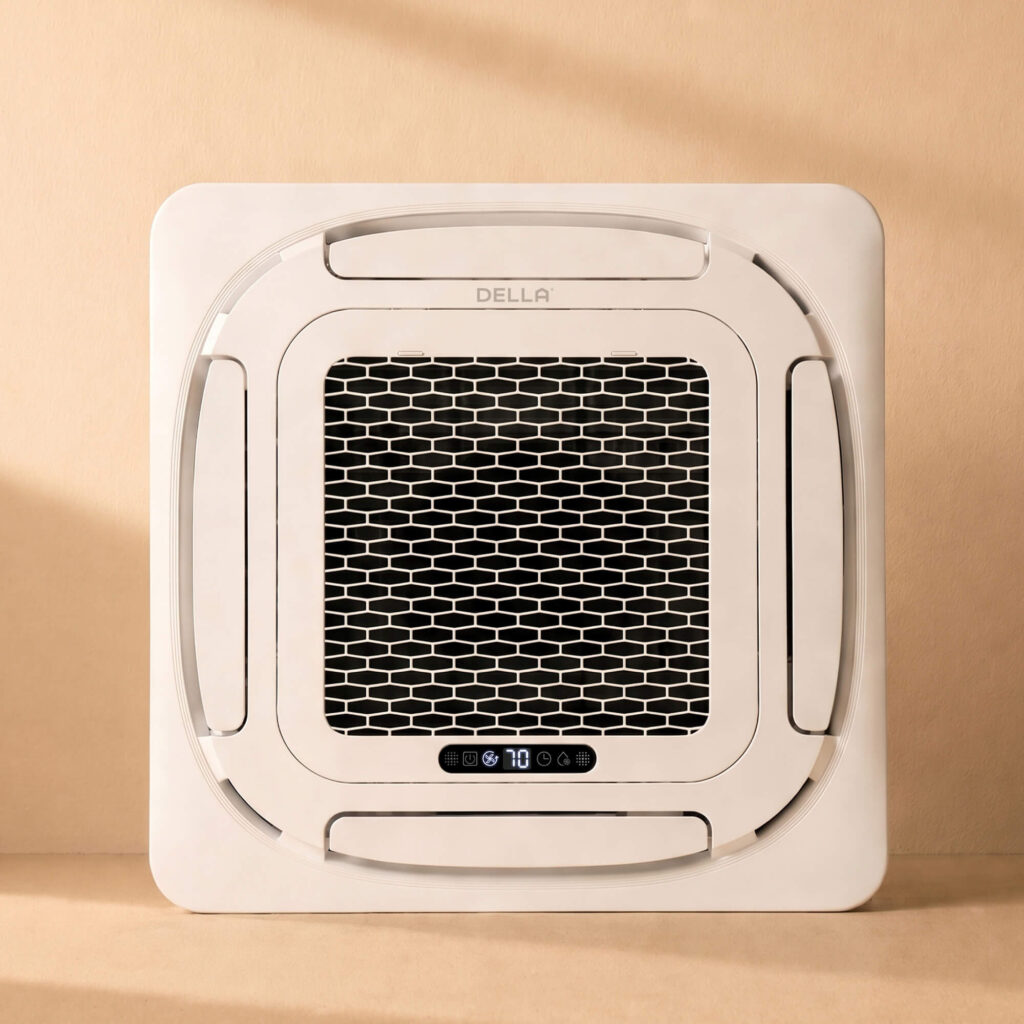 Della ceiling cassette mini split unit with a digital temperature display