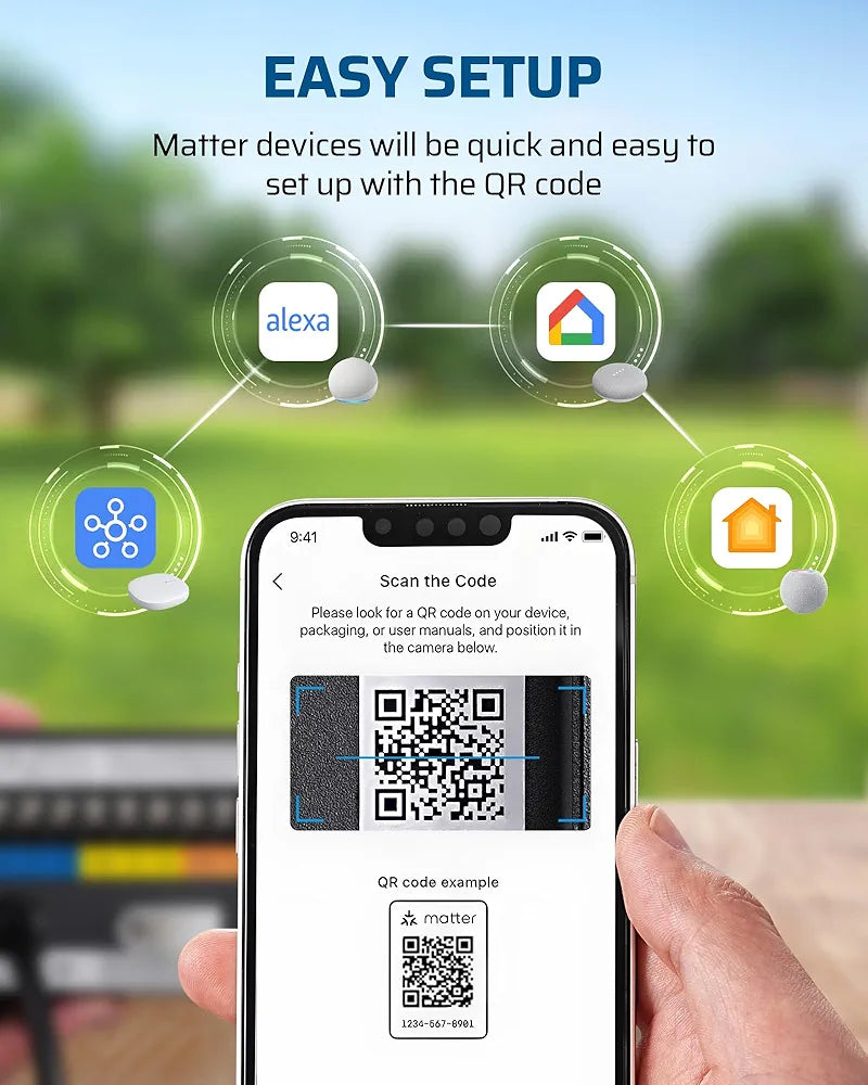 Phone screen scanning the Matter QR code, with smart home platform icons floating around it