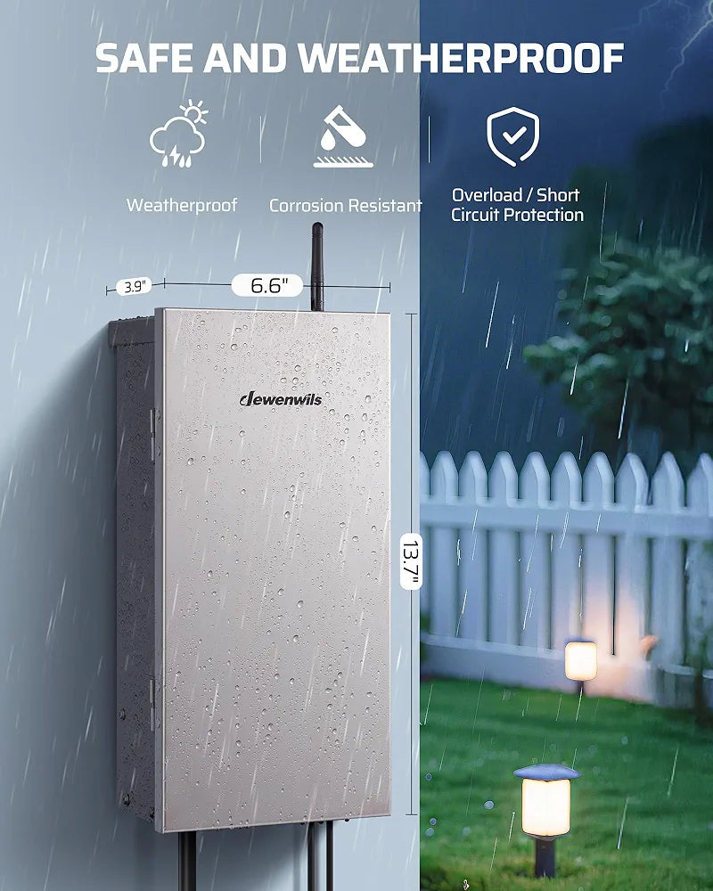 Silver DEWENWILS transformer box mounted on a wall in the rain beside garden path lights