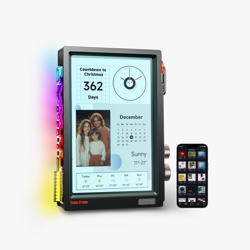 Divoom Times Frame floating smart desk display showing a clock, a family photo, a calendar and a weather forecast beside a phone running the app