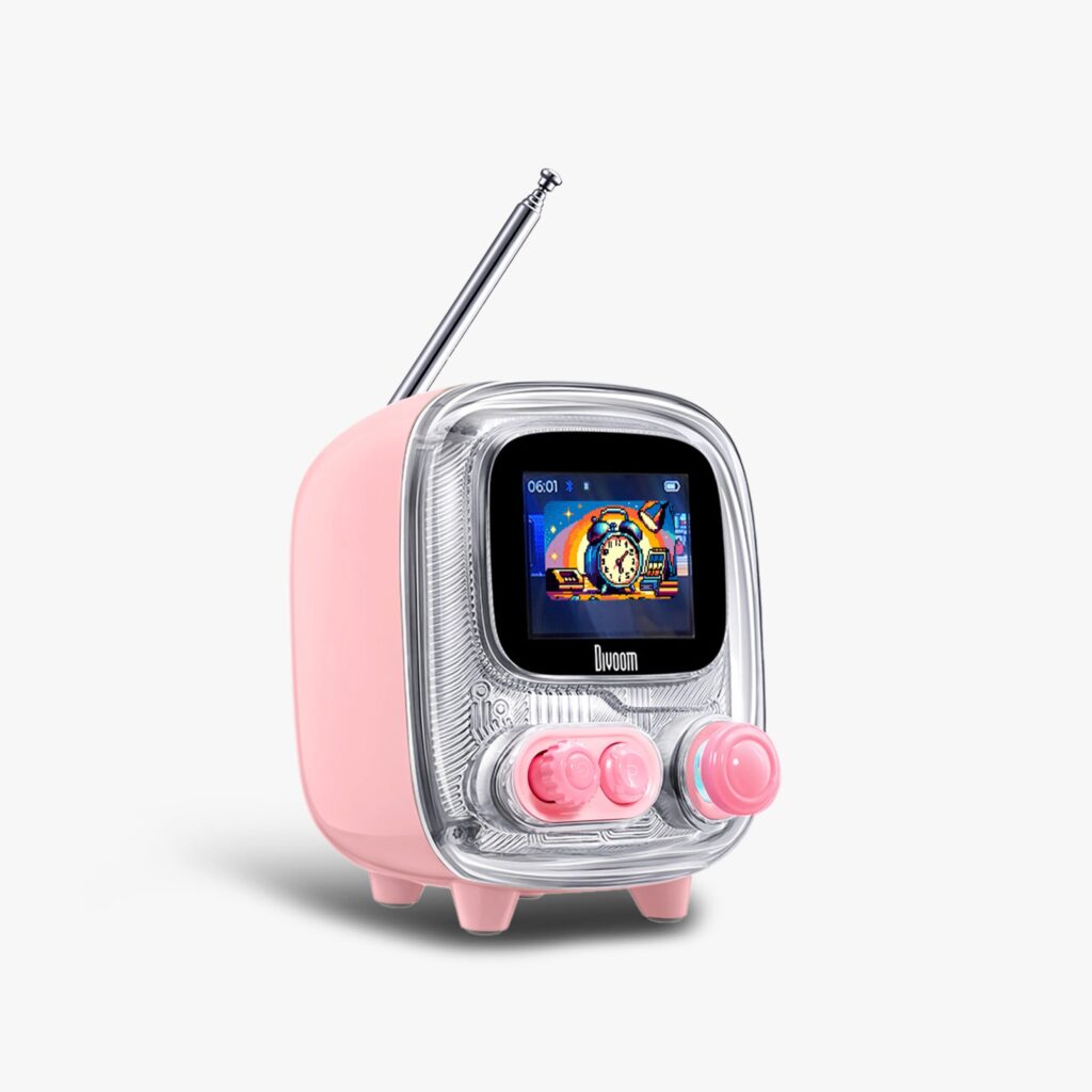Divoom Tiivoo-2 retro pixel Bluetooth speaker in pink with an antenna and a small color screen showing an alarm clock