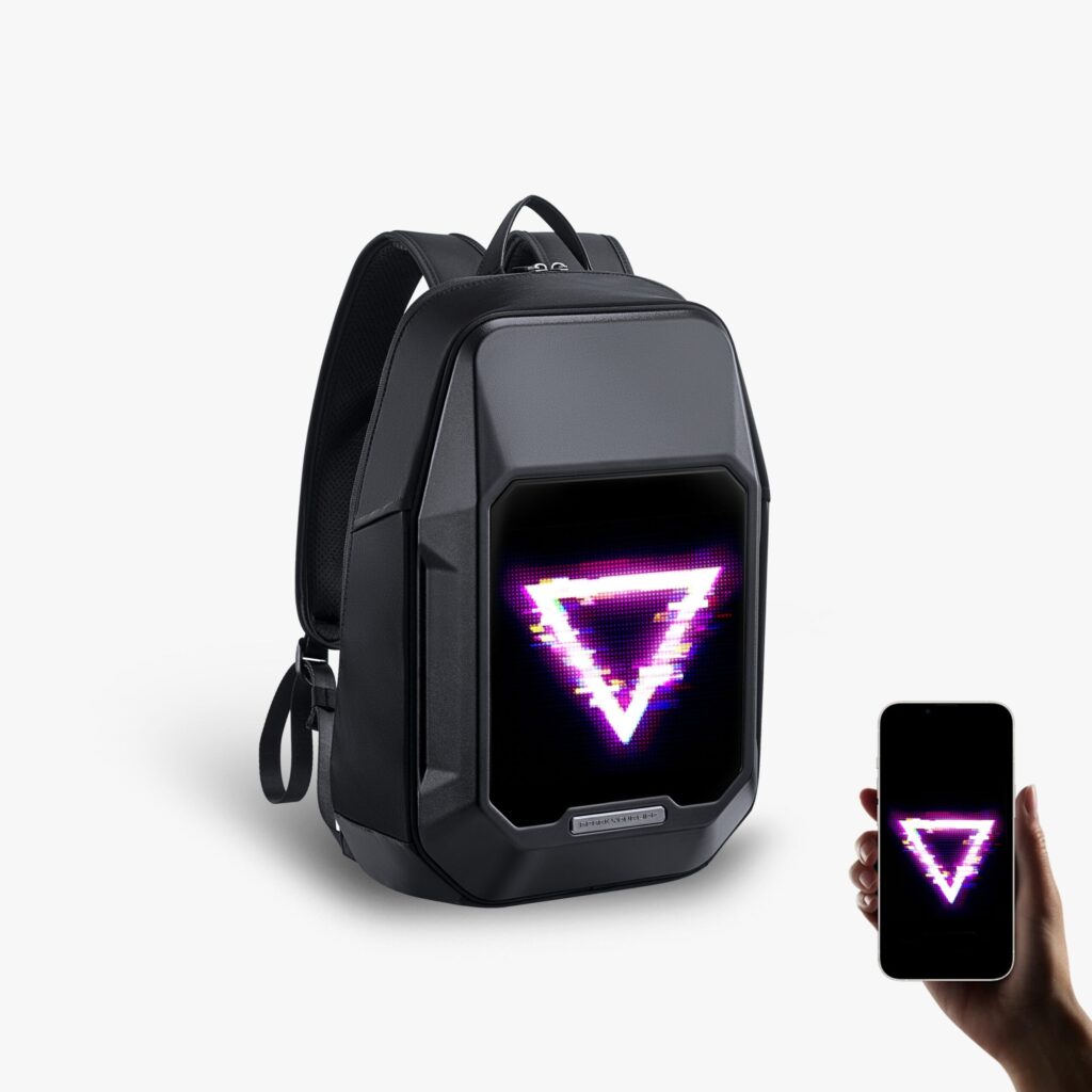 Divoom Cyberbag black backpack with an LED panel on the front showing a glowing triangle, beside a phone showing the same graphic