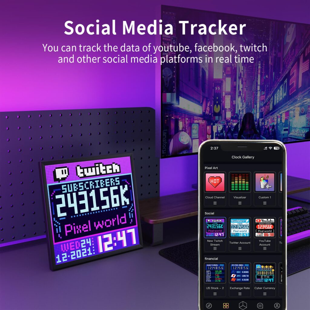 Pixoo-64 II showing a purple Twitch subscriber counter and clock, next to a phone displaying the Divoom app's clock gallery