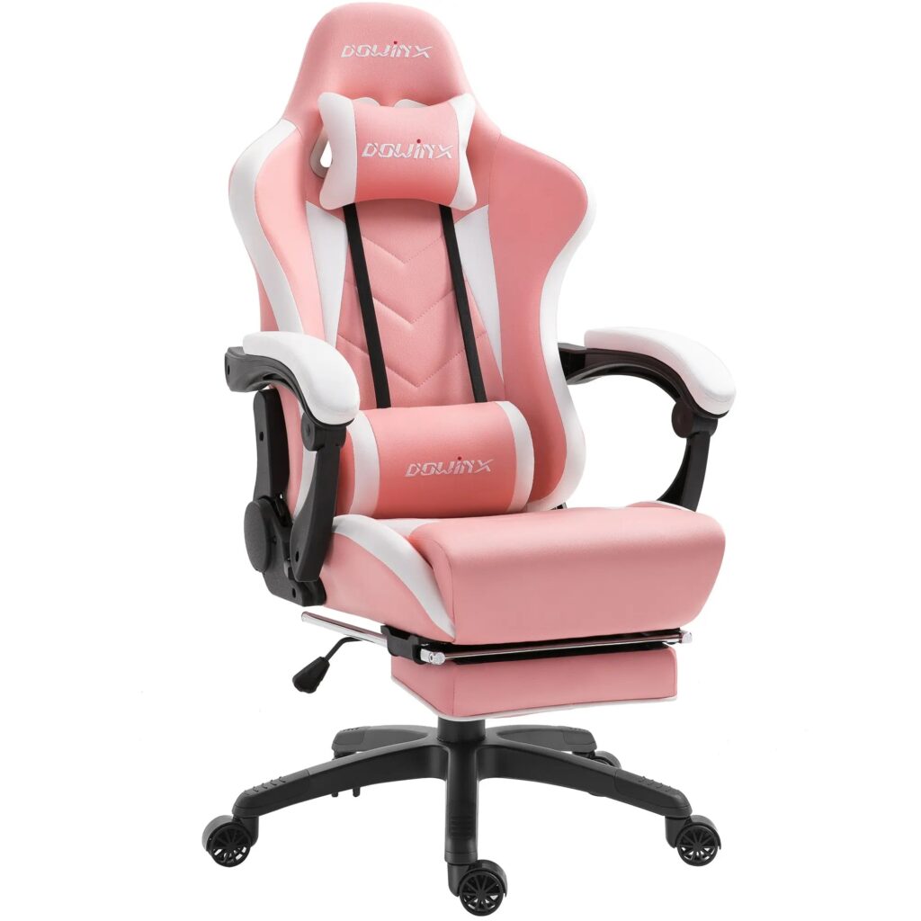 Pink and white Dowinx gaming chair with a lumbar pillow, neck pillow and footrest