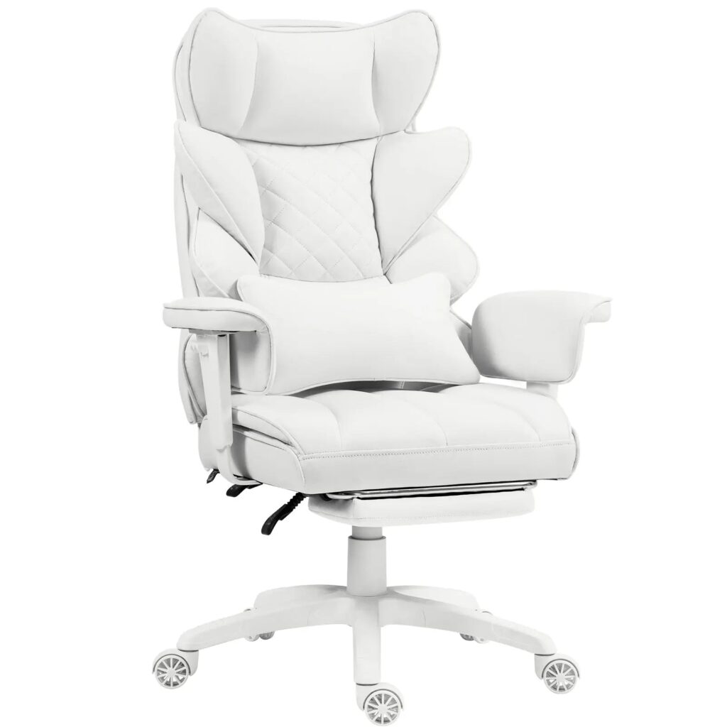 White Dowinx executive office chair with a quilted back, lumbar cushion and footrest