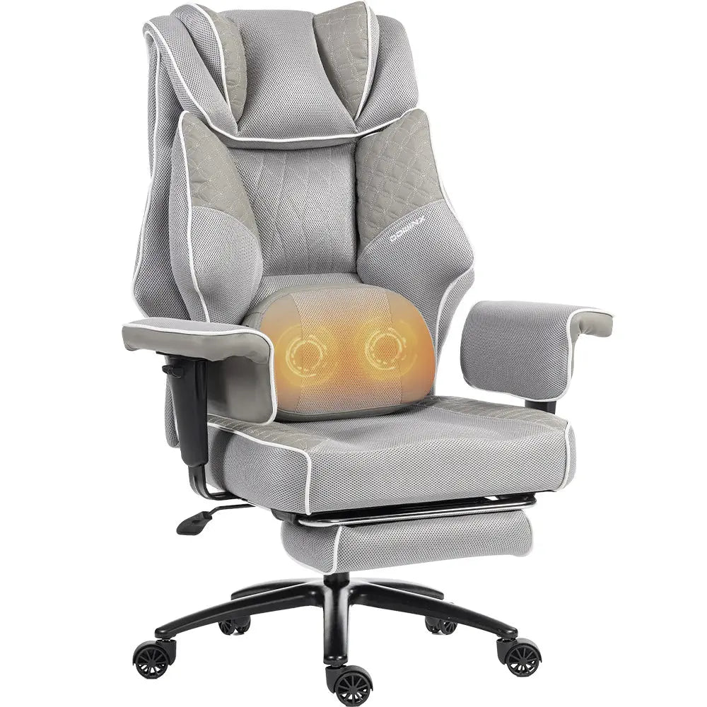 Grey mesh Dowinx Big and Tall office chair with a glowing heated massage lumbar pillow