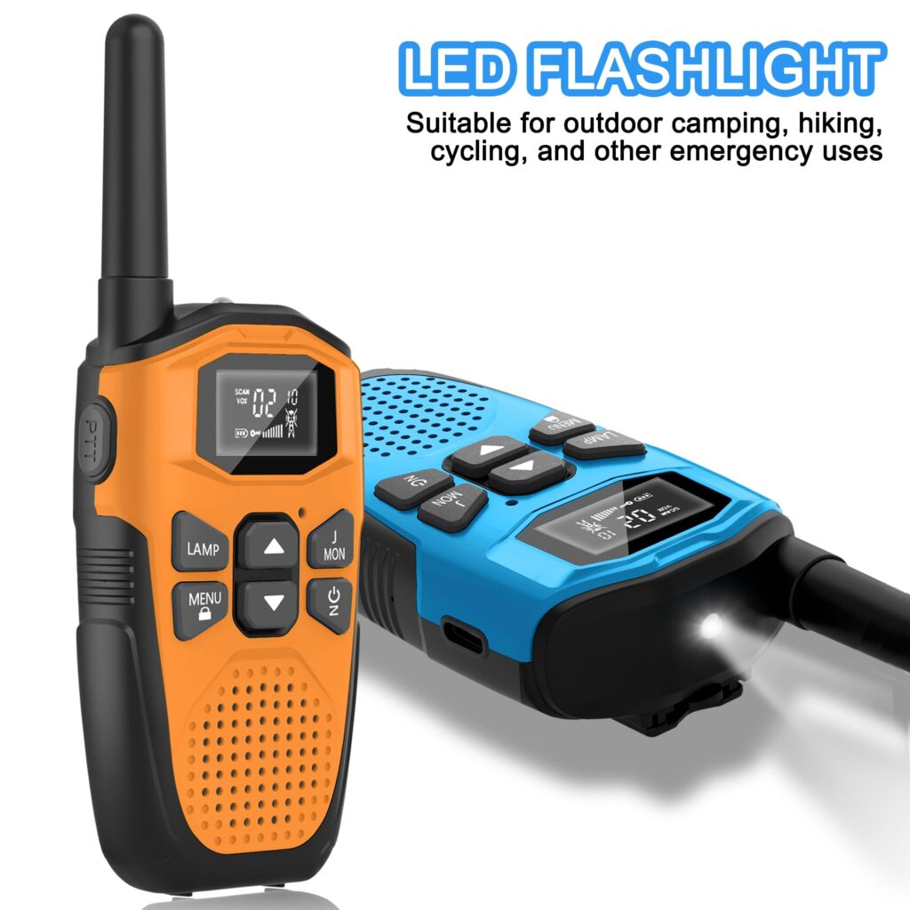 An orange DURLK handset standing beside a blue one lying flat with its LED flashlight switched on