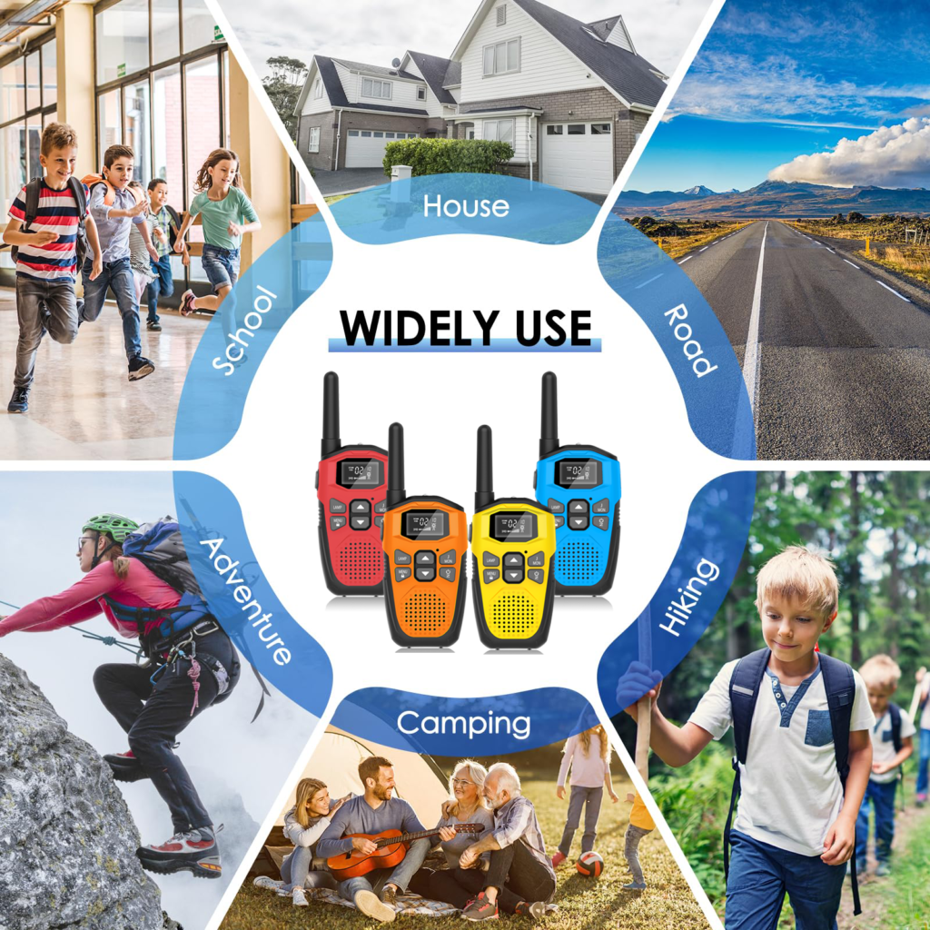 Four DURLK handsets in red, orange, yellow and blue surrounded by scenes of school, home, road, camping, hiking and climbing