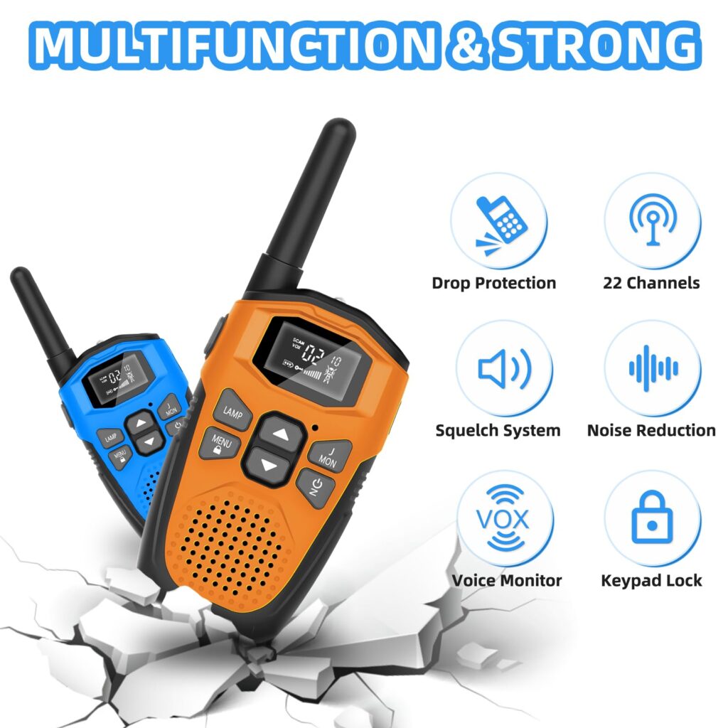 Two DURLK handsets beside icons for drop protection, 22 channels, squelch, noise reduction, voice monitor and keypad lock