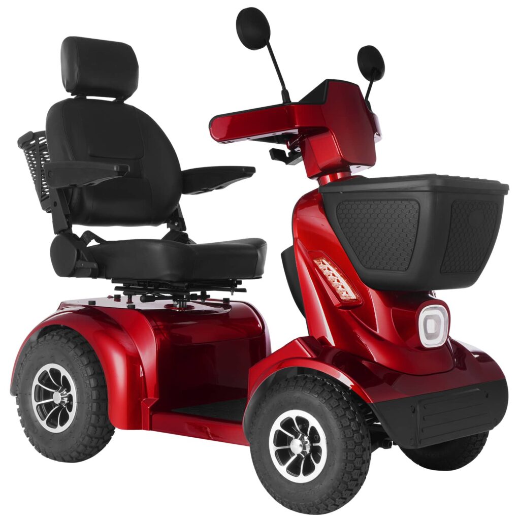 Ecomobi MS02 MAX heavy-duty scooter in red with large treaded air-filled tires, mirrors and a front storage box