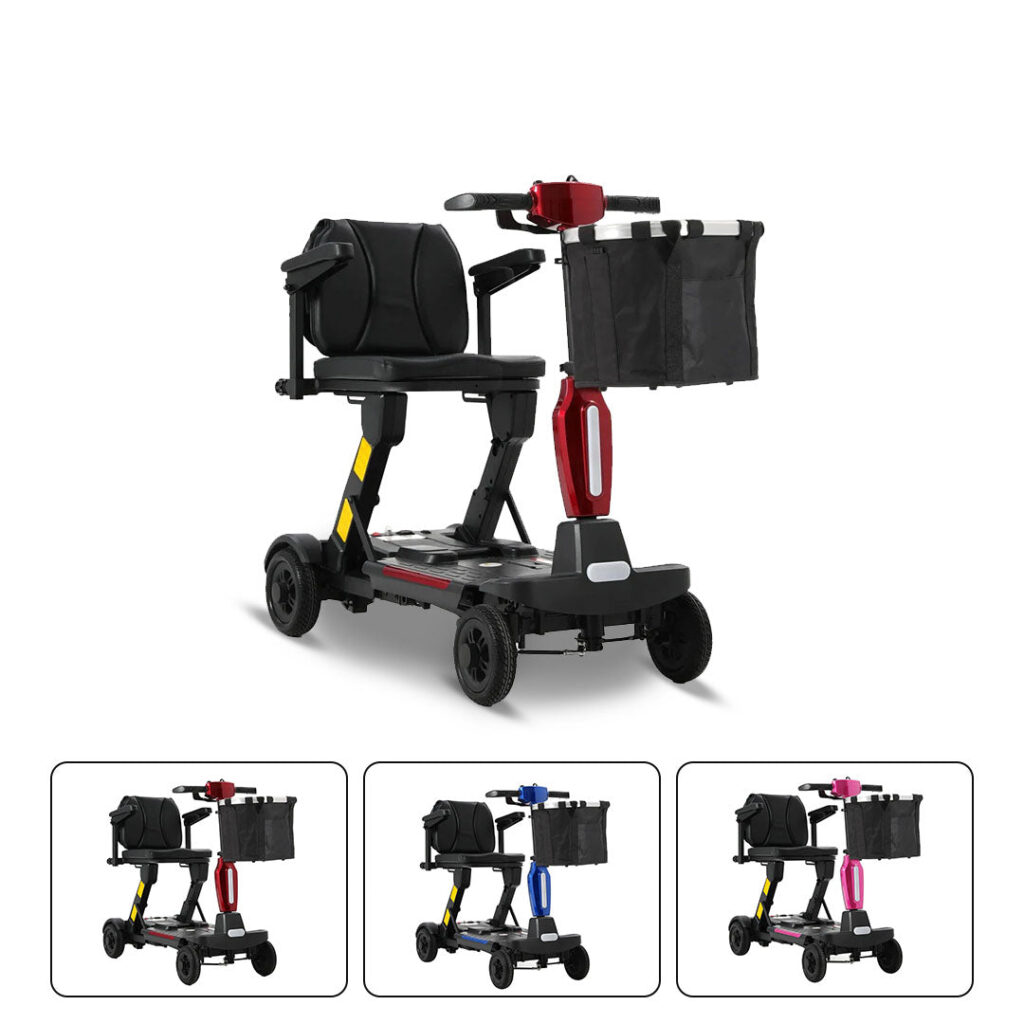 Ecomobi MS02-F foldable scooter in red, with blue and pink color options shown below it