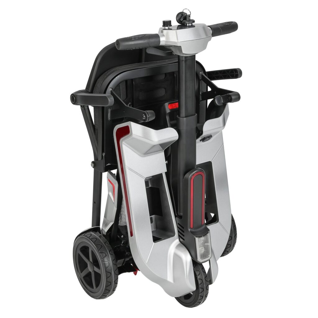 Ecomobi M3 foldable scooter packed into a compact upright shape, silver with red accents