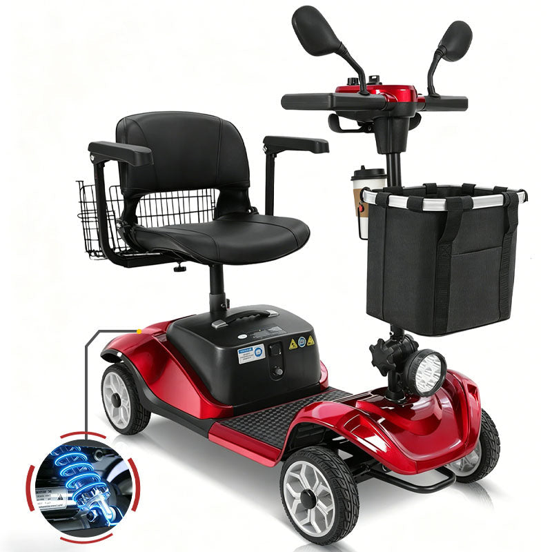 Ecomobi M1 four-wheel scooter in red with a front basket, mirrors and a suspension close-up inset