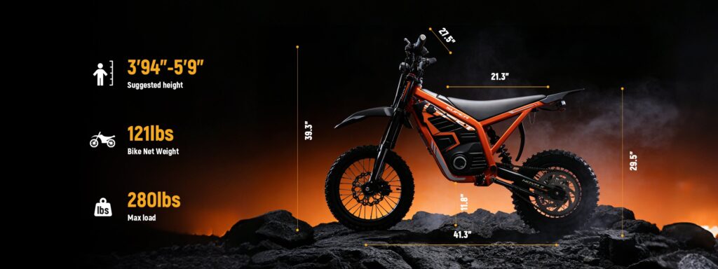 ESKUTE NOVA X size graphic with suggested rider height, bike weight and maximum load