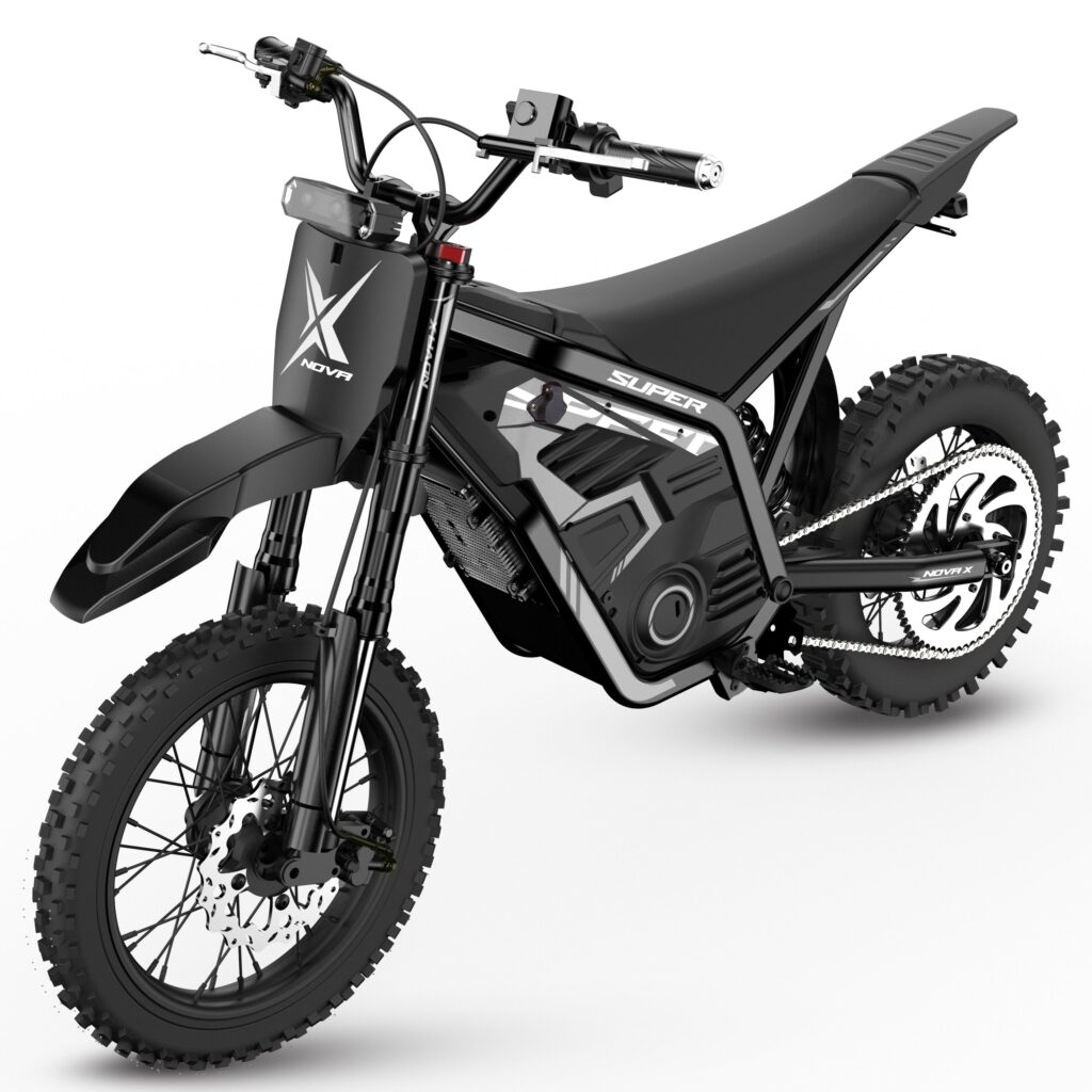 ESKUTE NOVA X electric dirt bike in black, front three-quarter view