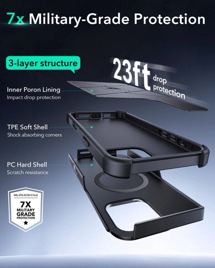 Exploded diagram of the ESR Cyber Tough case showing its inner lining, soft shell and hard polycarbonate shell