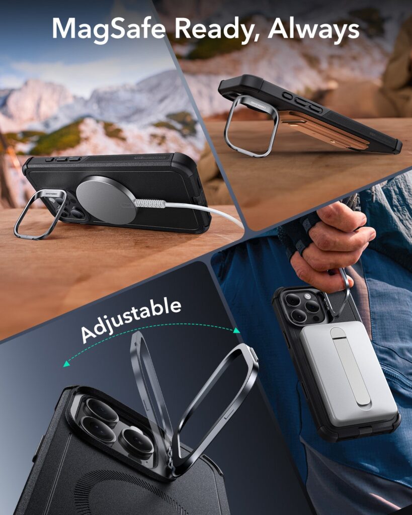 ESR Cyber Tough case on an iPhone with its metal kickstand open and a MagSafe charger attached