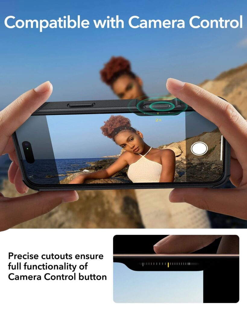 Hands holding an iPhone in a case whose cutout sits precisely over the Camera Control button