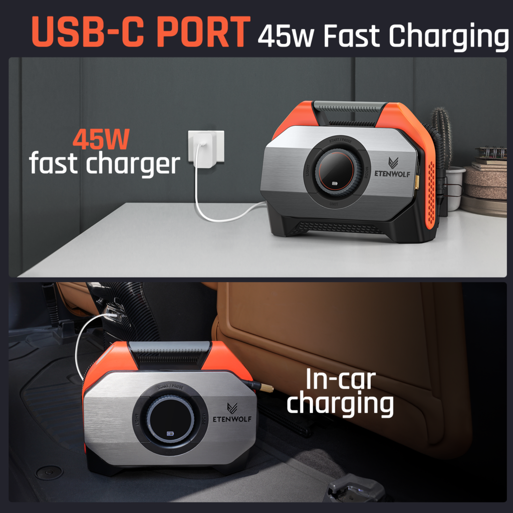 ETENWOLF inflator plugged into a 45W USB-C wall charger on a desk and charging inside a car, with text about fast charging
