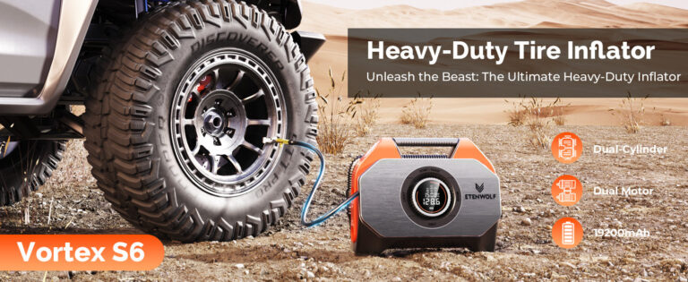 ETENWOLF Vortex S6 inflator beside a muddy off-road tire in a desert, with callouts for the dual-cylinder motor and 19,200mAh battery